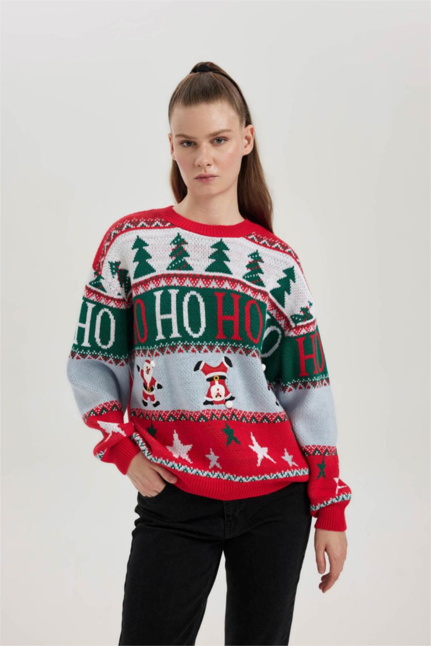 WOMAN Red Christmas Themed Crew Neck Knit Pullover