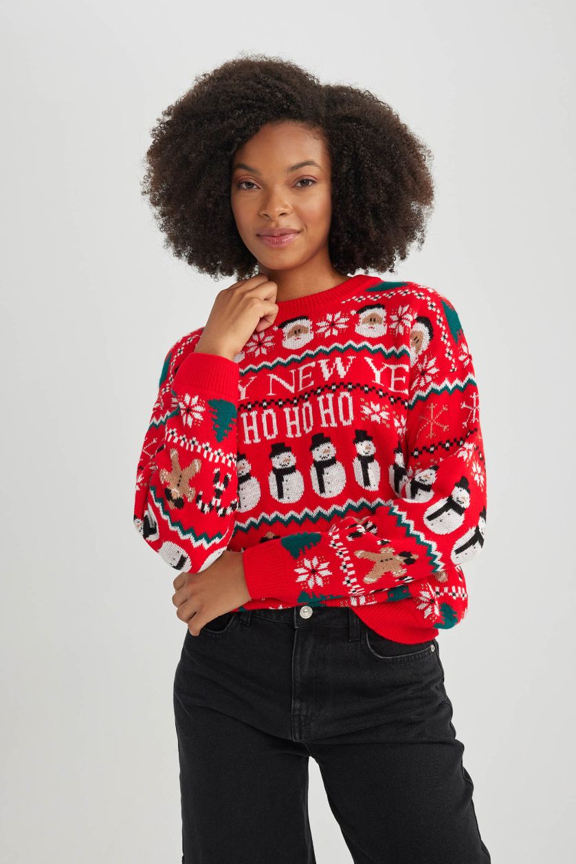 WOMAN Red Christmas Themed Crew Neck Knit Pullover