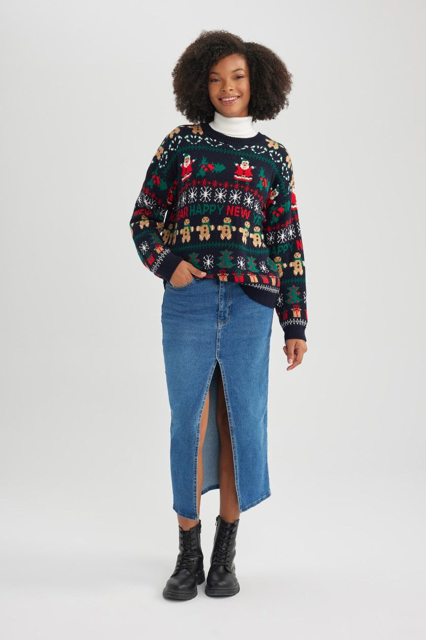 حريمي كحلي بلوفر تريكو قصة عادية بطبعة كريسماس كحلي