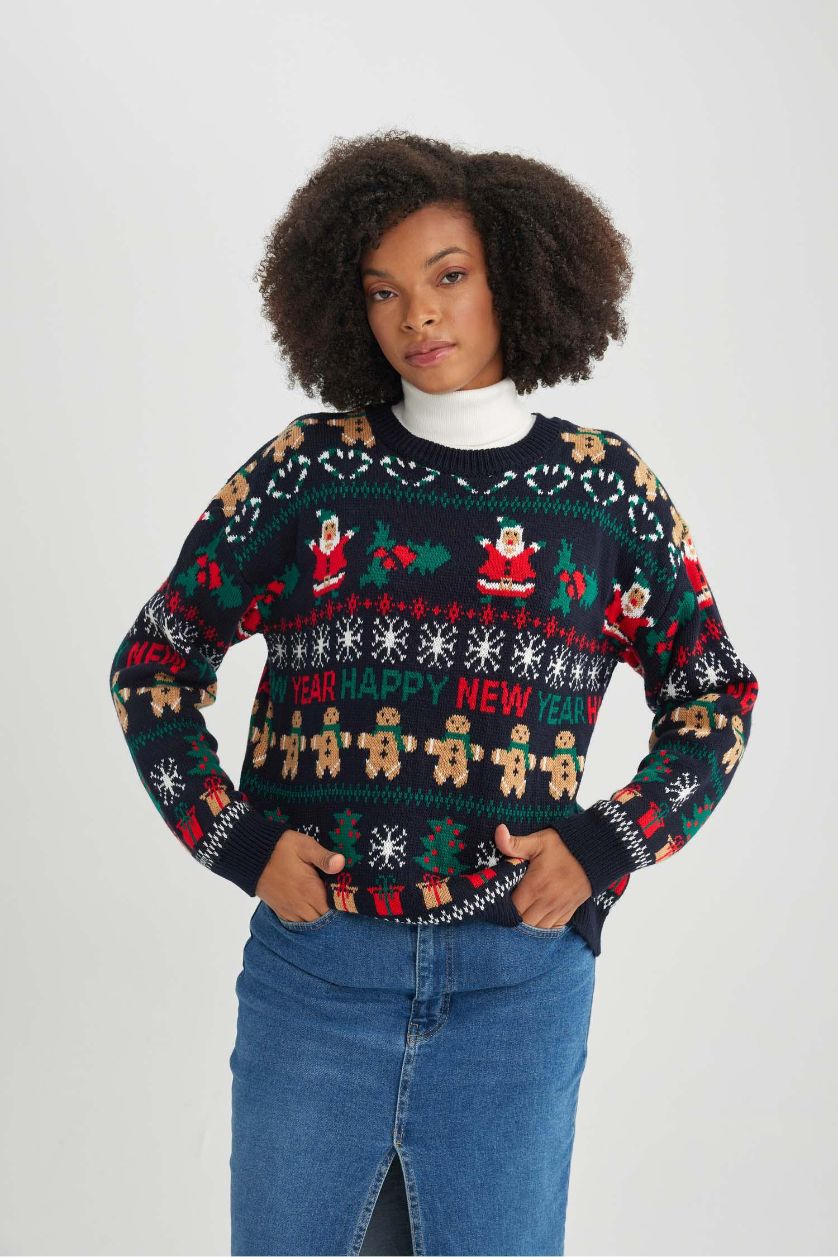 حريمي كحلي بلوفر تريكو قصة عادية بطبعة كريسماس كحلي