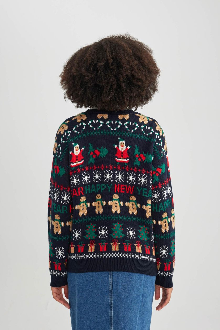 حريمي كحلي بلوفر تريكو قصة عادية بطبعة كريسماس كحلي