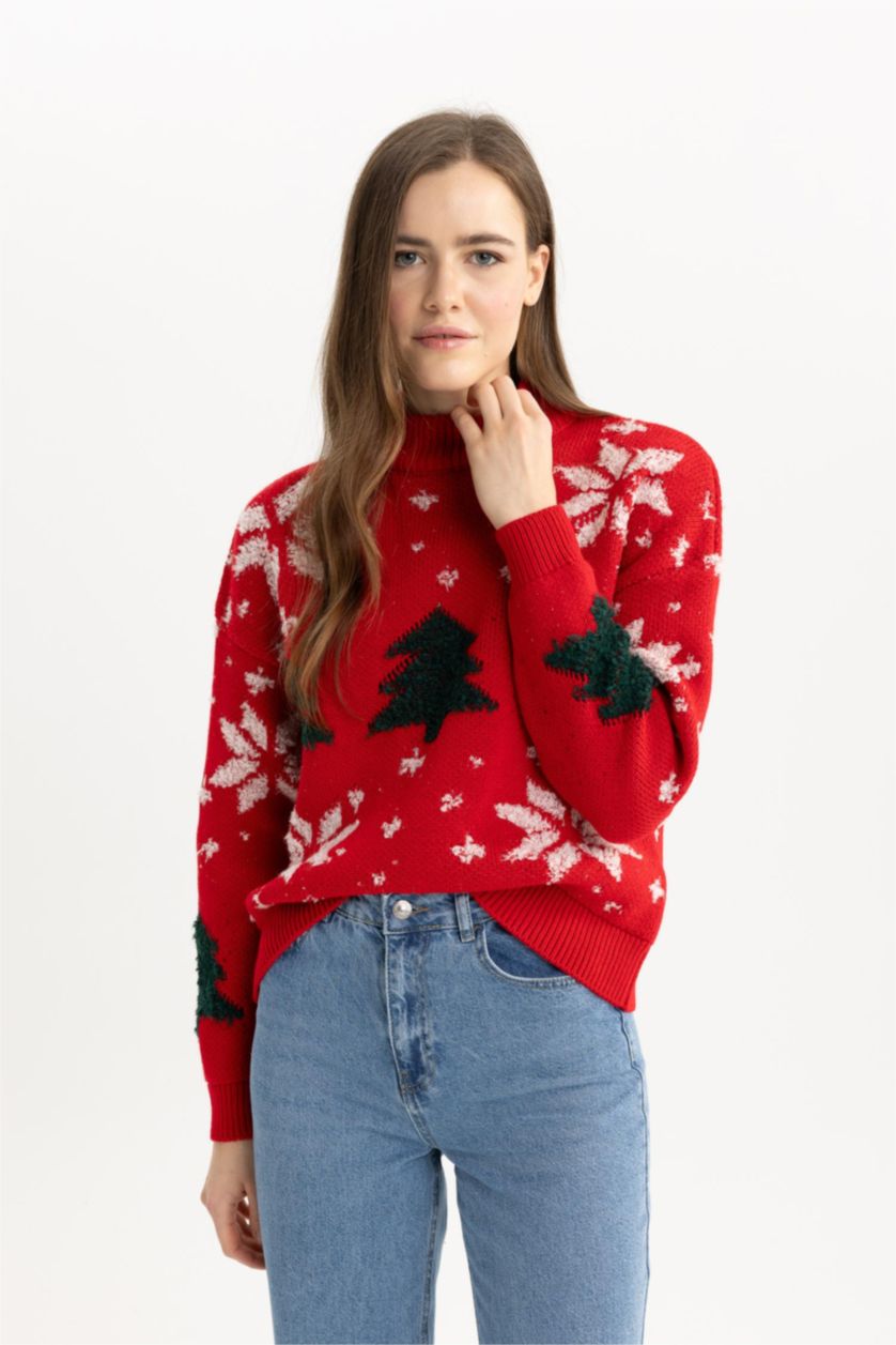 WOMAN Red Christmas Themed Half Turtleneck Pullover