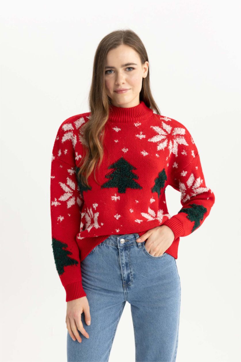 WOMAN Red Christmas Themed Half Turtleneck Pullover