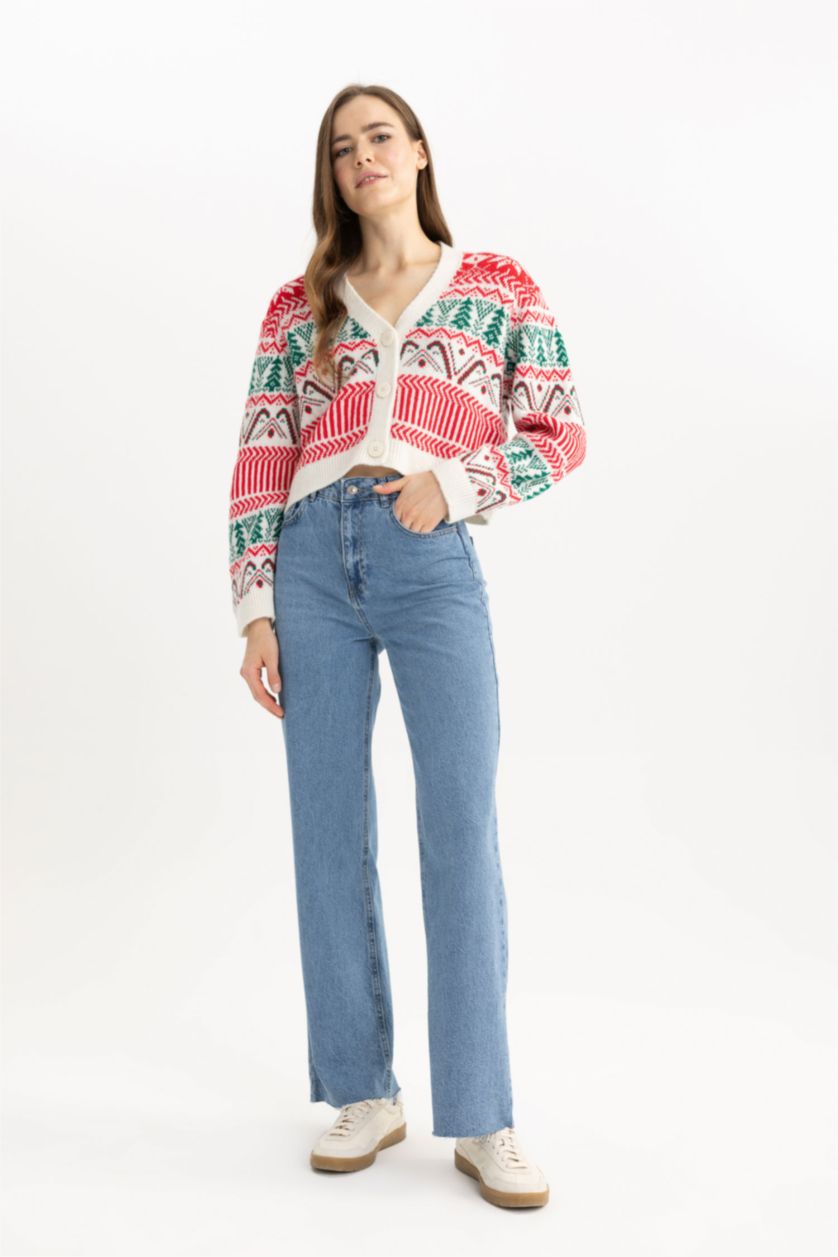 WOMAN Ecru Christmas Themed V Neck Buttoned Knit Cardigan