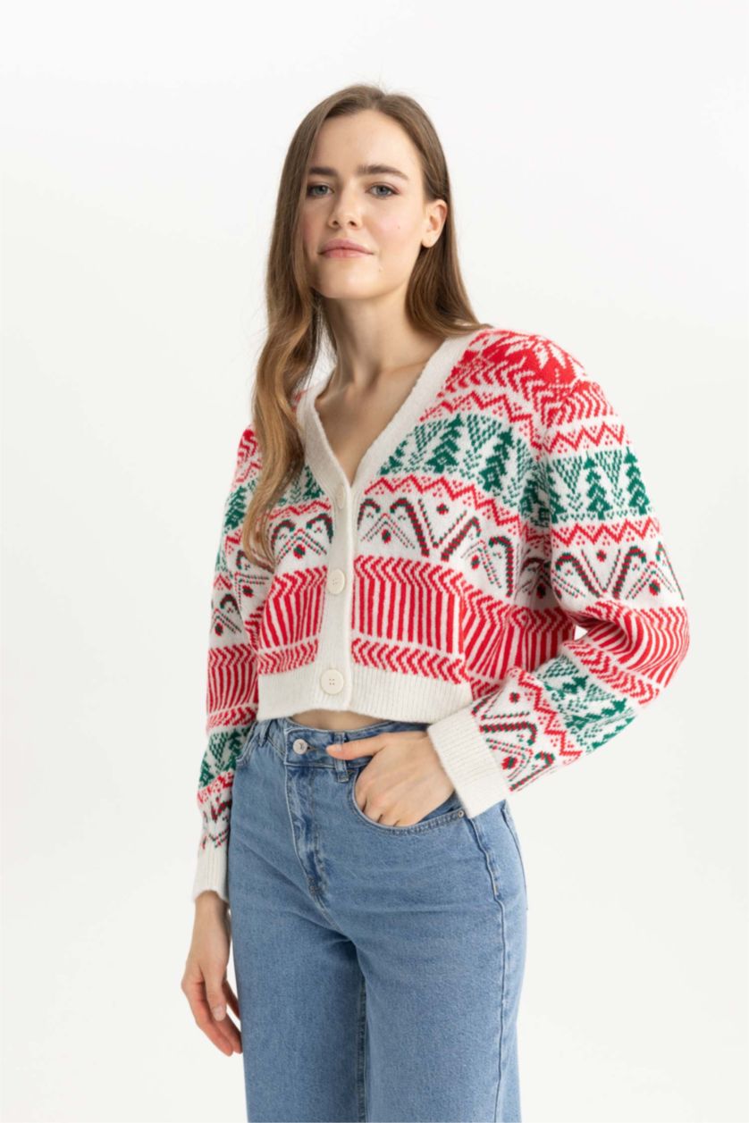 WOMAN Ecru Christmas Themed V Neck Buttoned Knit Cardigan