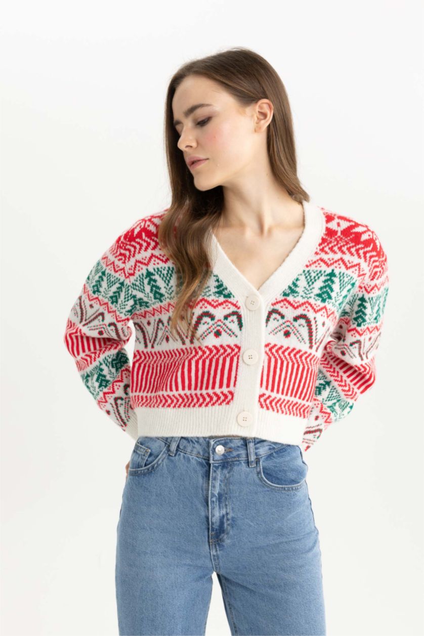 WOMAN Ecru Christmas Themed V Neck Buttoned Knit Cardigan