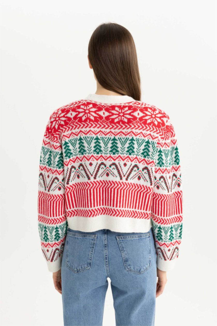 WOMAN Ecru Christmas Themed V Neck Buttoned Knit Cardigan