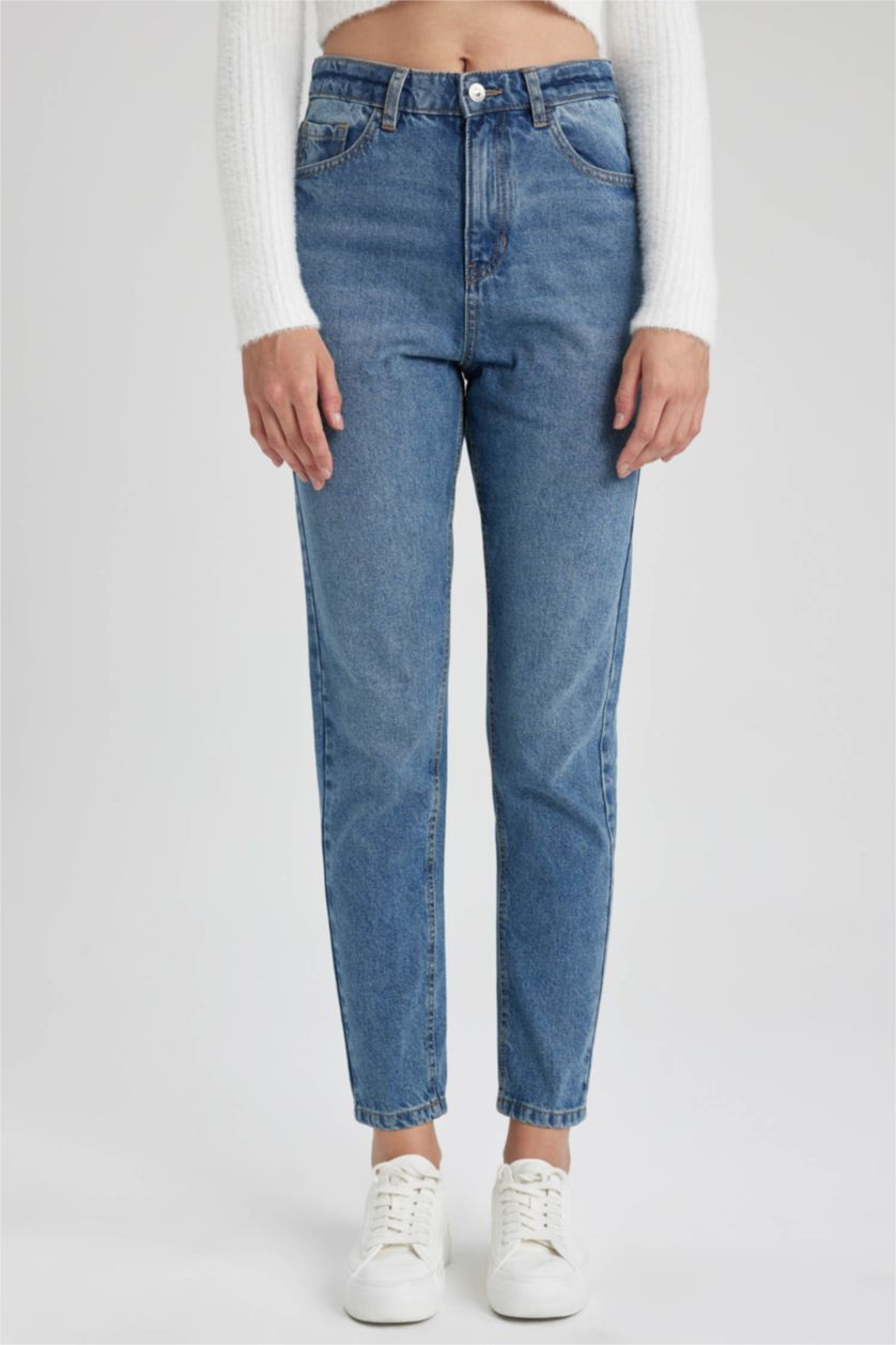 Woman Blue High Waist Mom Fit Trousers