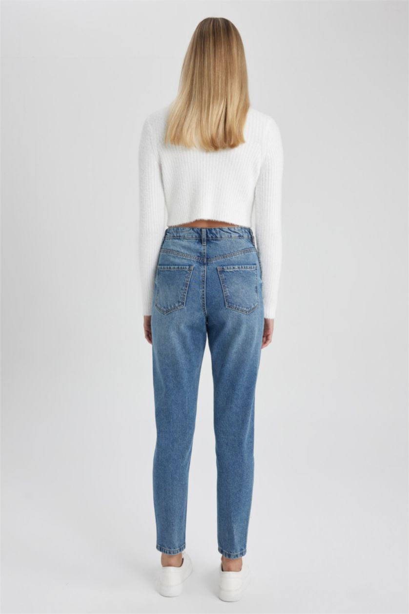 Woman Blue High Waist Mom Fit Trousers