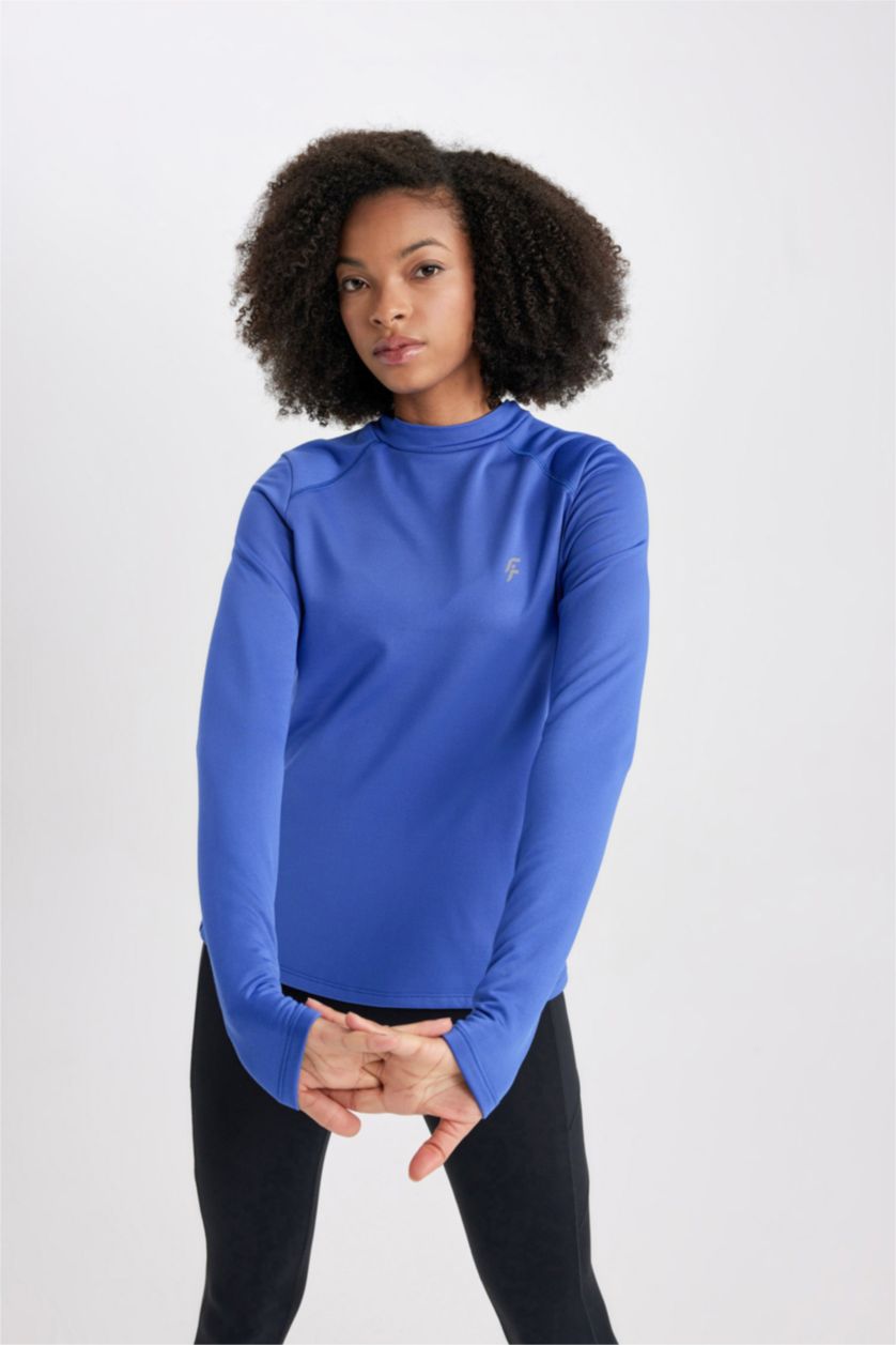 حريمي أزرق فاقع تيشيرت كم طويل قصة عادية بطبعة شعار