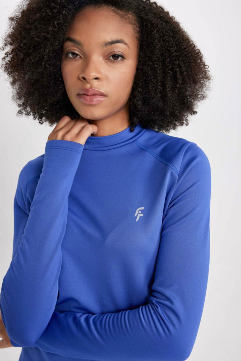 حريمي أزرق فاقع تيشيرت كم طويل قصة عادية بطبعة شعار