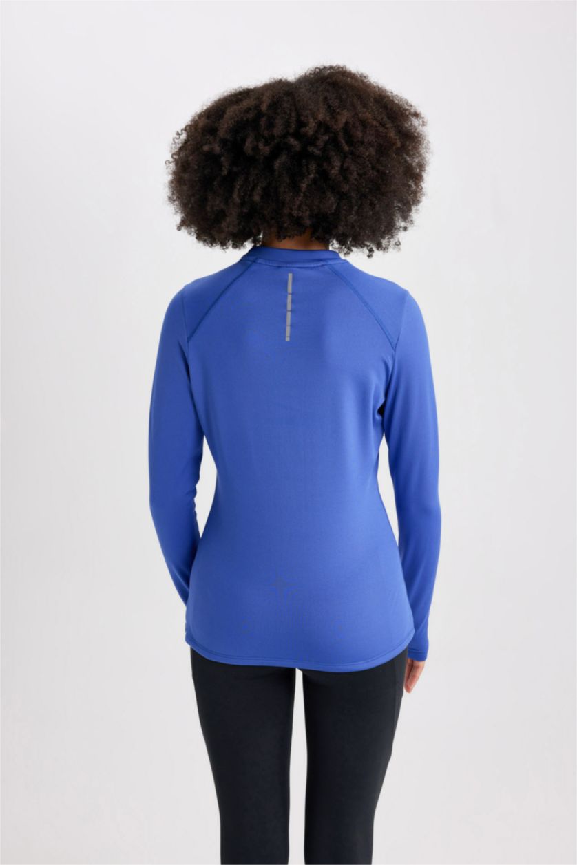 حريمي أزرق فاقع تيشيرت كم طويل قصة عادية بطبعة شعار