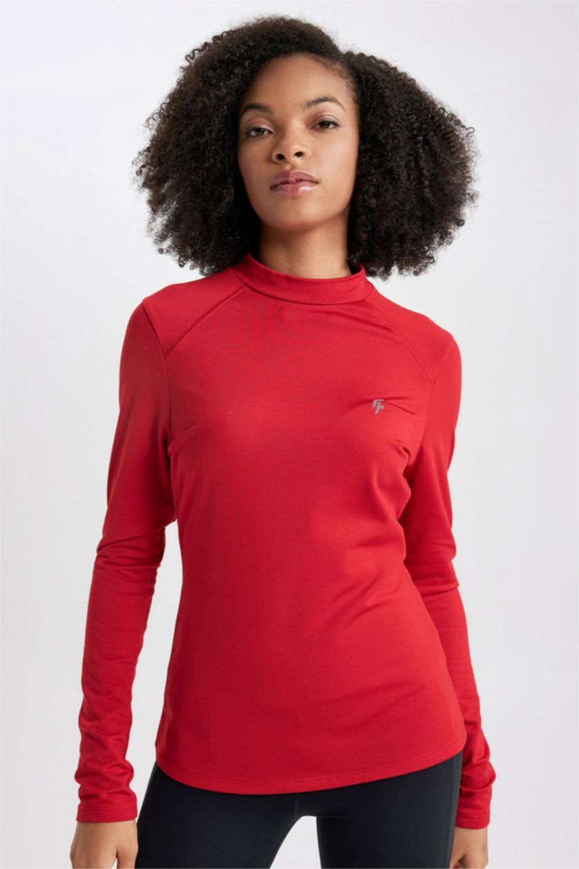 Kadın Kırmızı DeFactoFit Standart Fit Yaka Baskılı Uzun Kollu Tişört