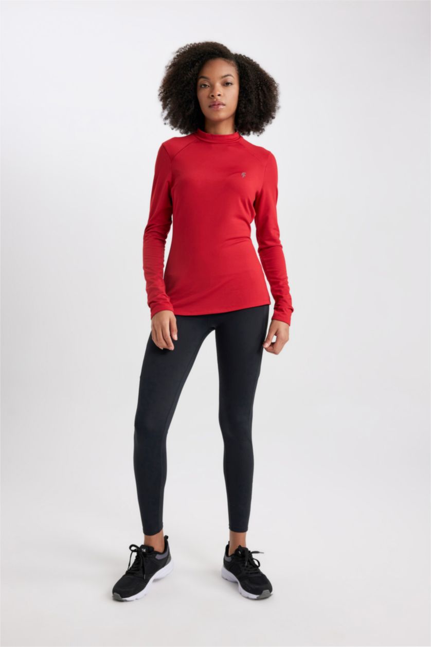 Kadın Kırmızı DeFactoFit Standart Fit Yaka Baskılı Uzun Kollu Tişört