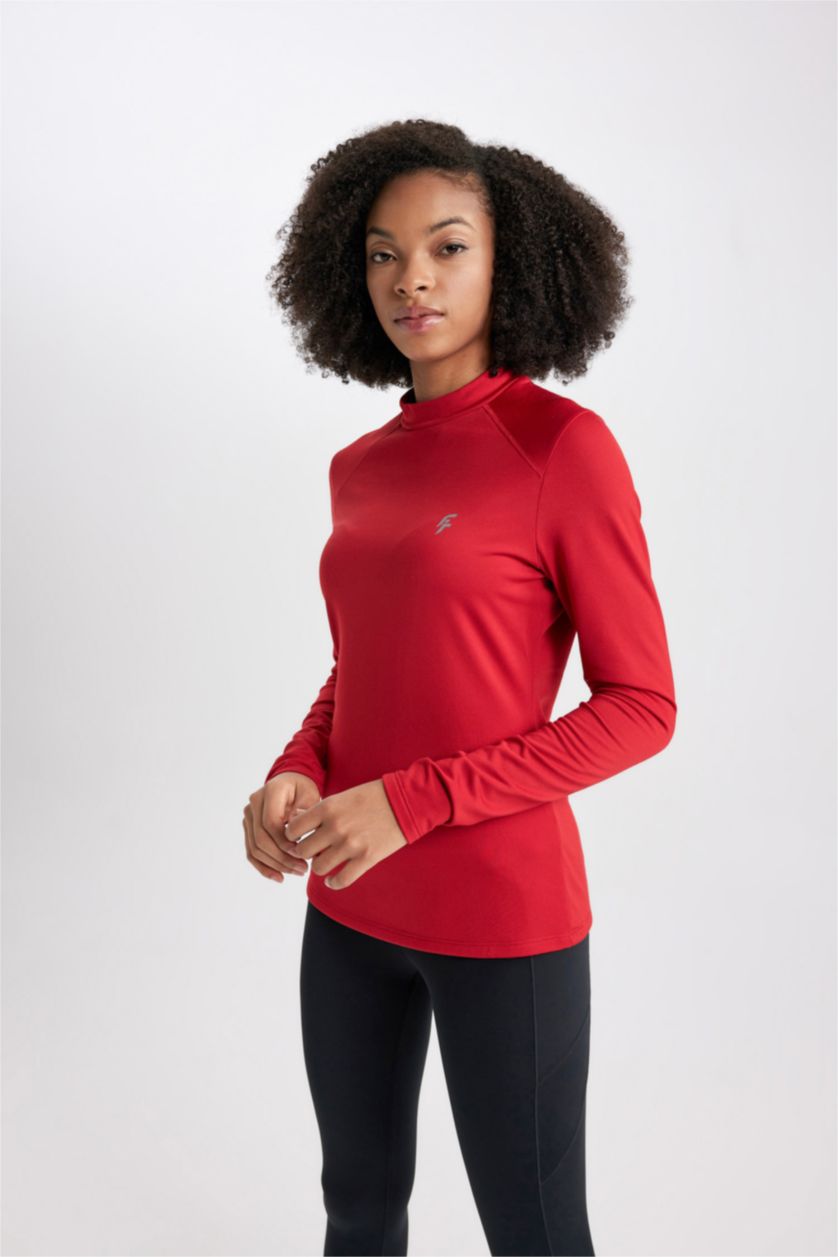 Kadın Kırmızı DeFactoFit Standart Fit Yaka Baskılı Uzun Kollu Tişört