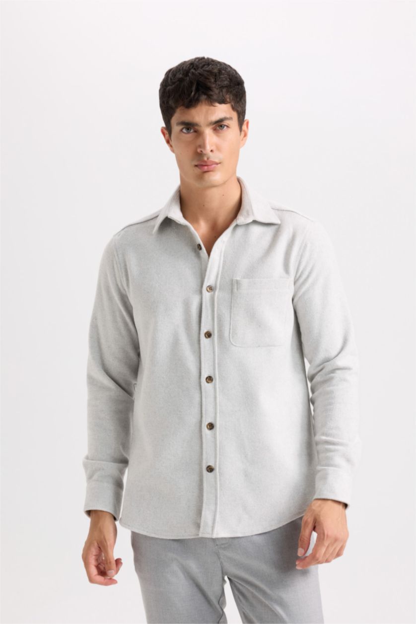 Erkek Açık Gri Regular Fit Oduncu Cep Detaylı Basic Düz Uzun Kollu Gömlek