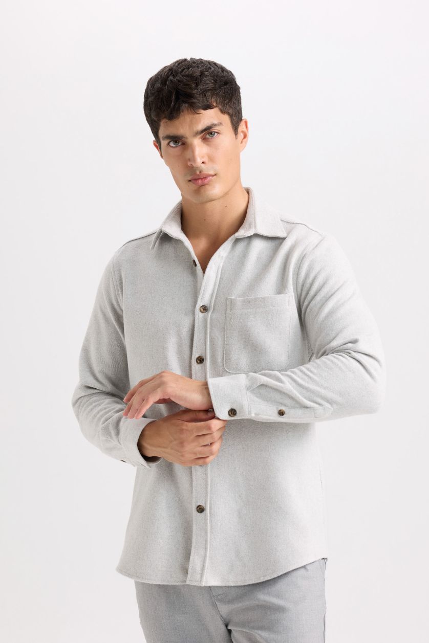 Erkek Açık Gri Regular Fit Oduncu Cep Detaylı Basic Düz Uzun Kollu Gömlek