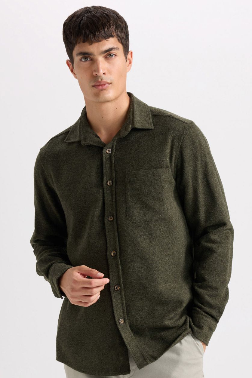 Erkek Haki Regular Fit Oduncu Cep Detaylı Basic Düz Uzun Kollu Gömlek