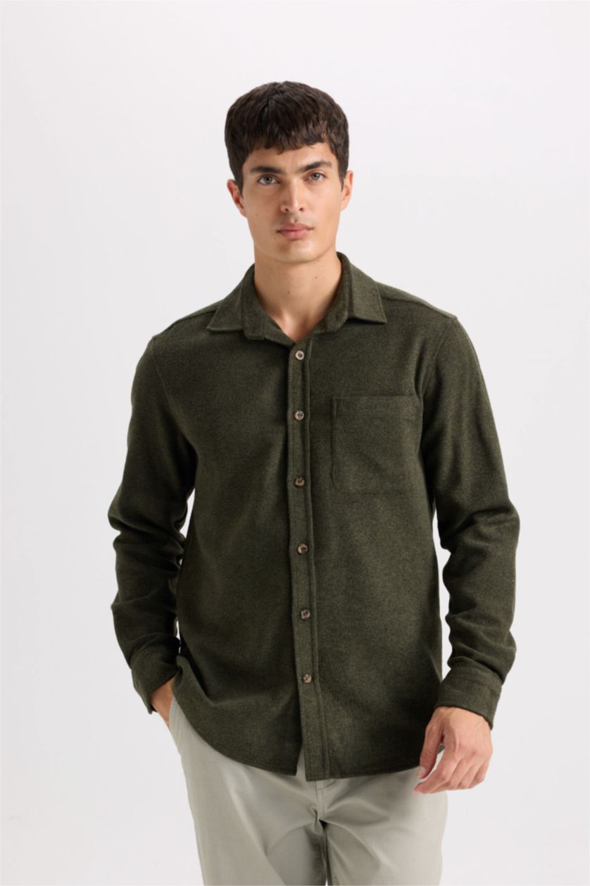 Erkek Haki Regular Fit Oduncu Cep Detaylı Basic Düz Uzun Kollu Gömlek