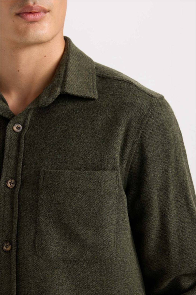 Erkek Haki Regular Fit Oduncu Cep Detaylı Basic Düz Uzun Kollu Gömlek