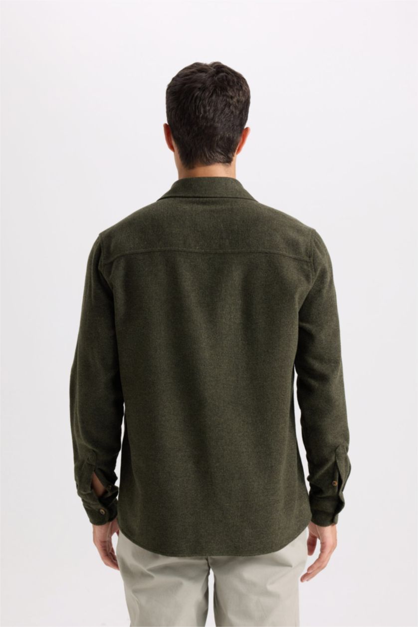 Erkek Haki Regular Fit Oduncu Cep Detaylı Basic Düz Uzun Kollu Gömlek
