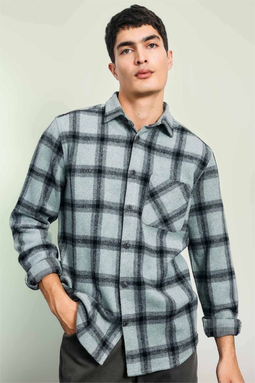 Ерлер ашық жасыл поло жаға чек отыншы Ұзын жеңді көйлек