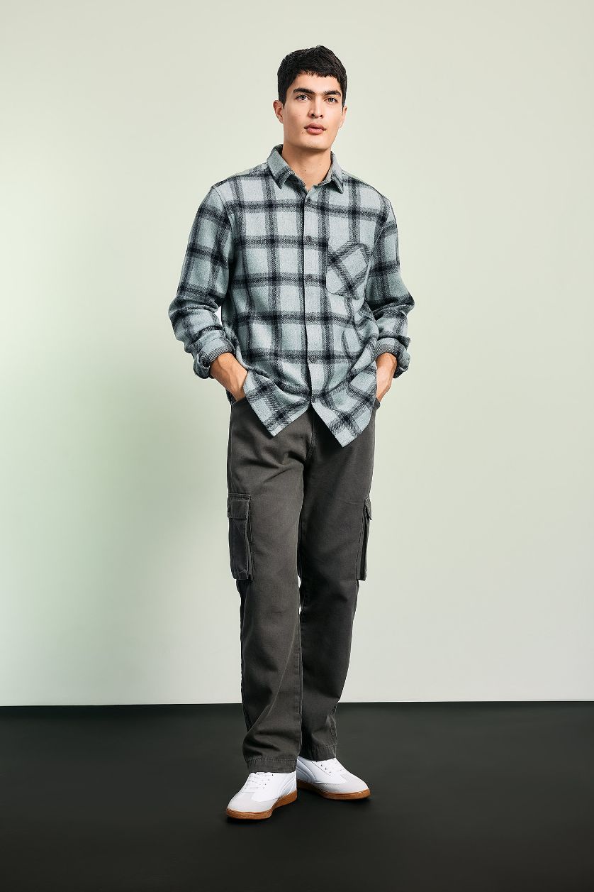 Ерлер ашық жасыл поло жаға чек отыншы Ұзын жеңді көйлек