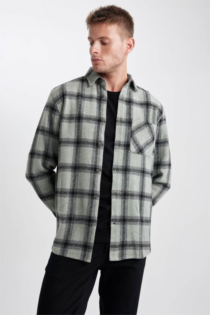 Ерлер ашық жасыл поло жаға чек отыншы Ұзын жеңді көйлек