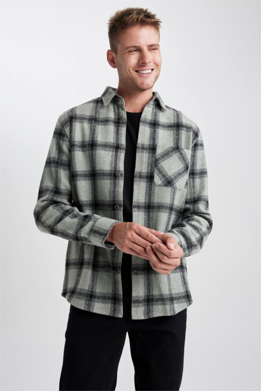 Ерлер ашық жасыл поло жаға чек отыншы Ұзын жеңді көйлек