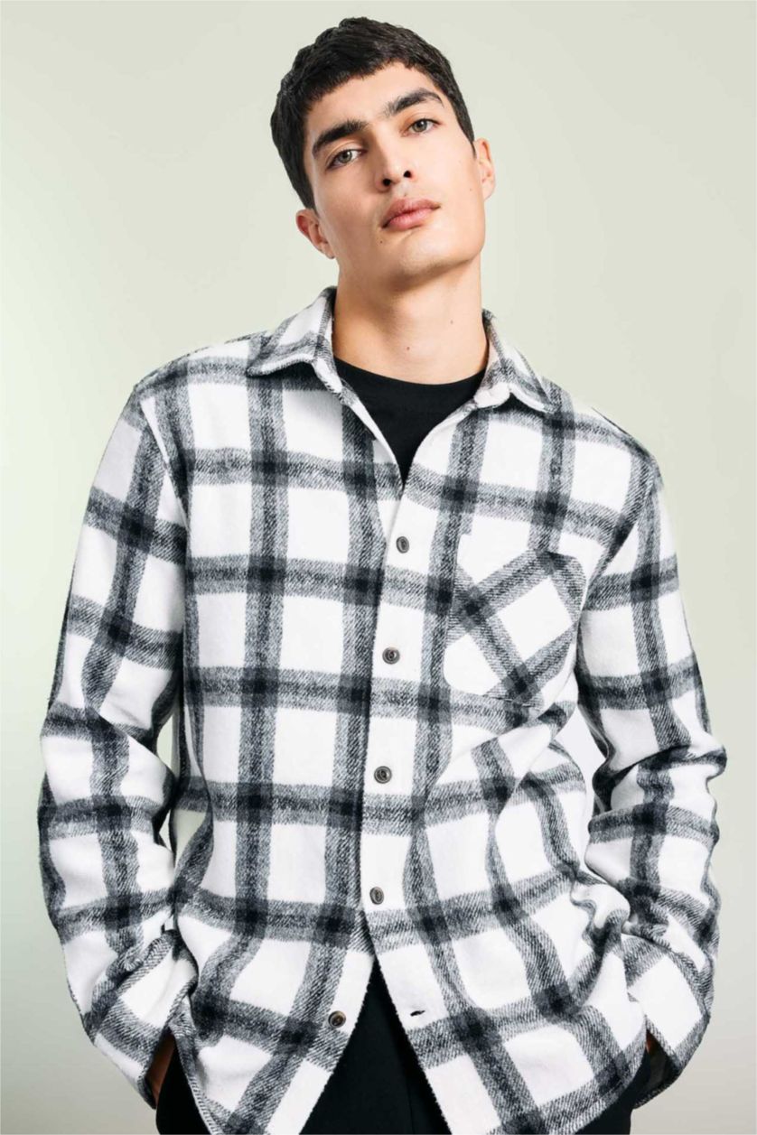 Man White Regular Fit Plaid Lumberjack Pocket Long Sleeve Shirt