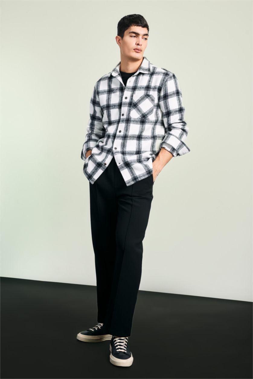 Man White Regular Fit Plaid Lumberjack Pocket Long Sleeve Shirt