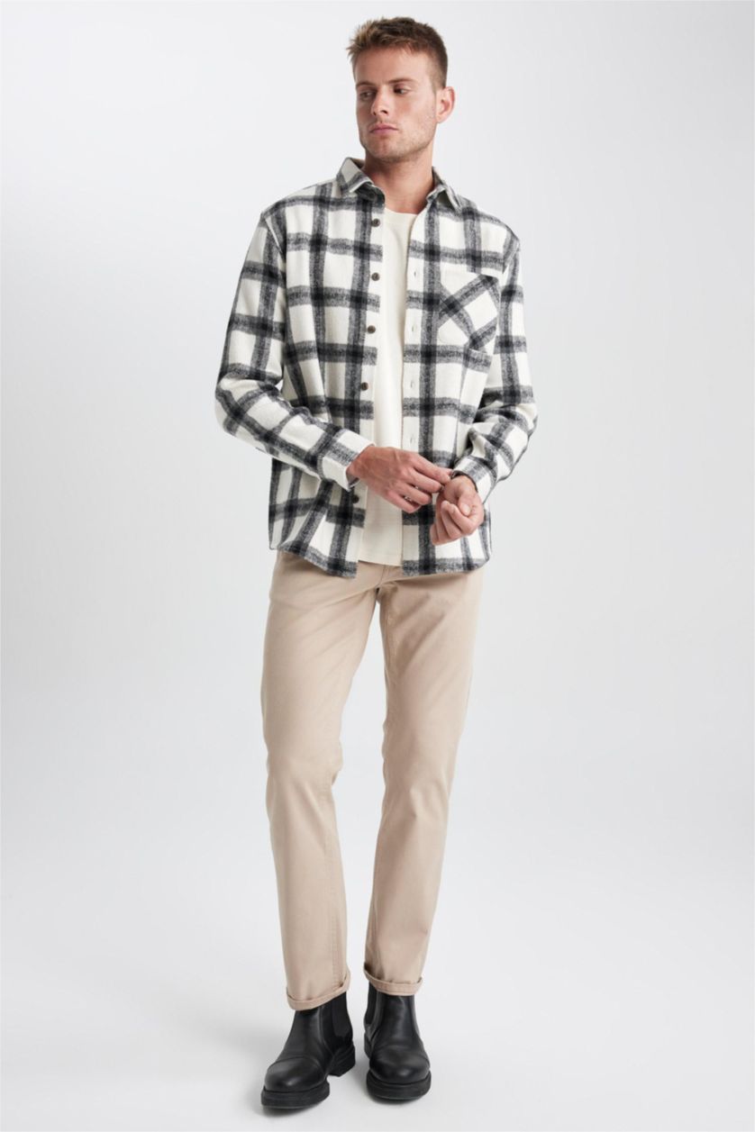 Man White Regular Fit Plaid Lumberjack Pocket Long Sleeve Shirt