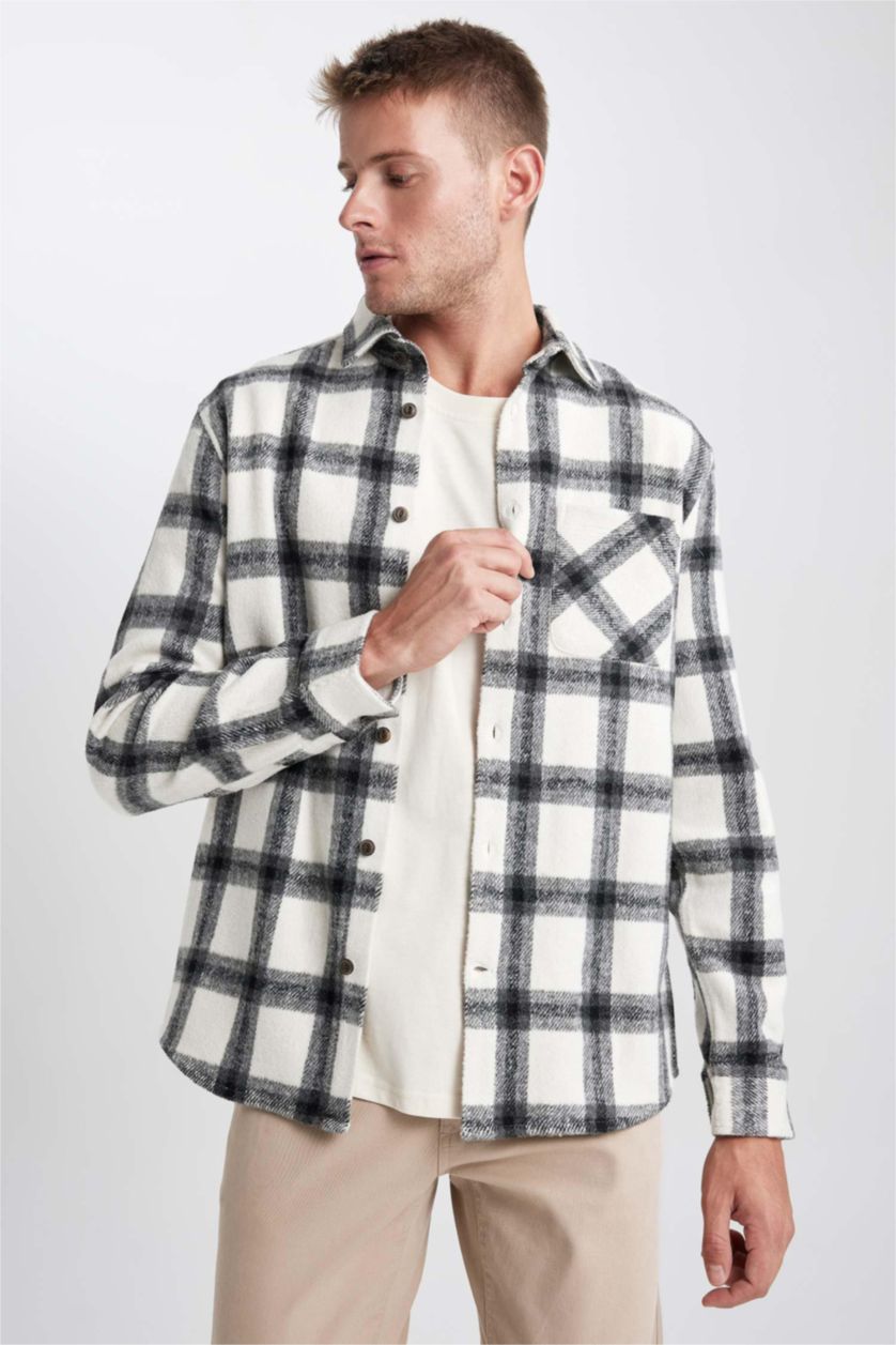 Man White Regular Fit Plaid Lumberjack Pocket Long Sleeve Shirt