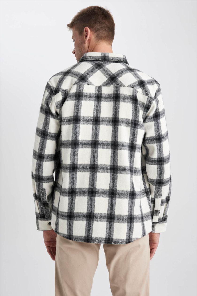 Man White Regular Fit Plaid Lumberjack Pocket Long Sleeve Shirt