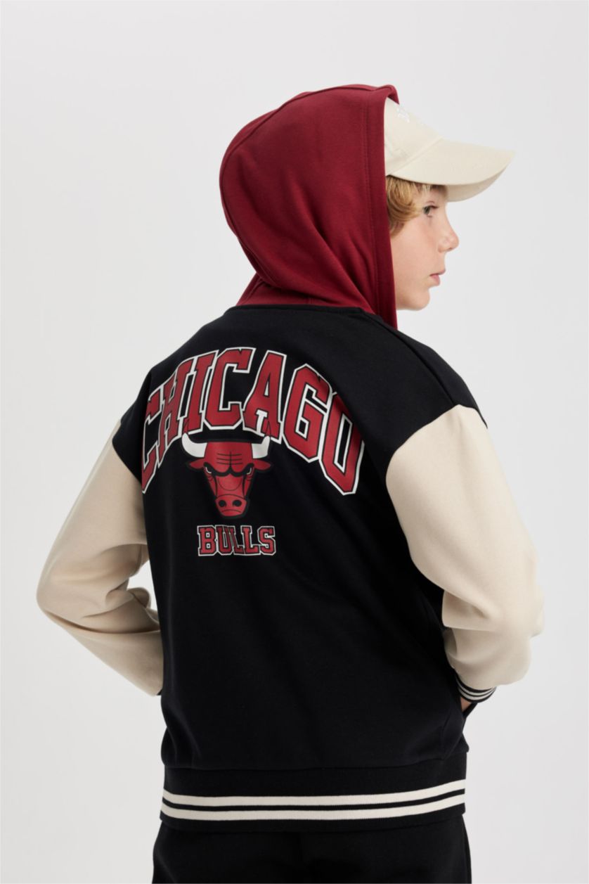 BOYS & TEENS Black Oversize Fit Hooded Chicago Bulls Licensed Cardigan