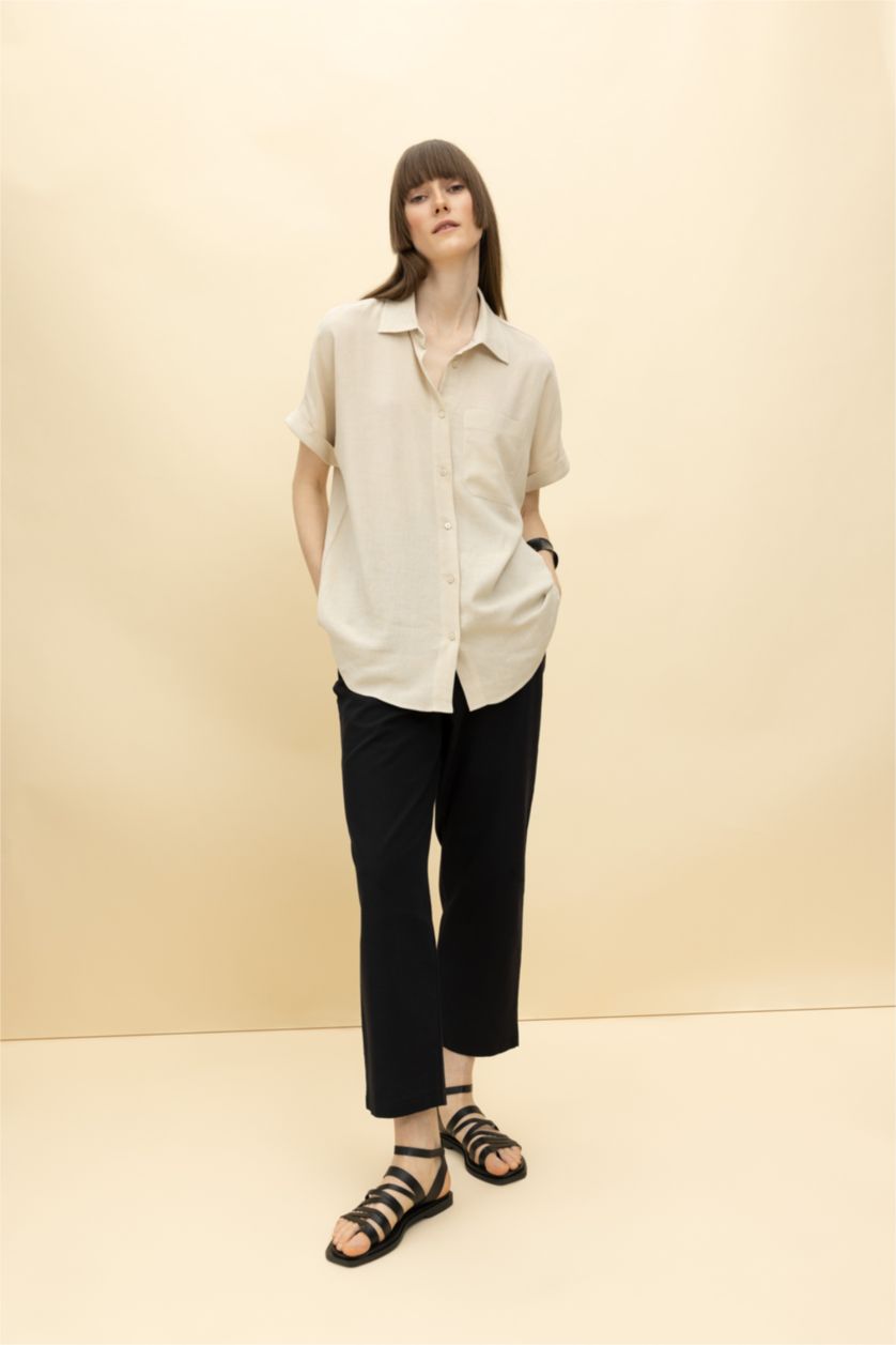 Kadın Kum Regular Fit Keten Karışımlı Kısa Kollu Gömlek