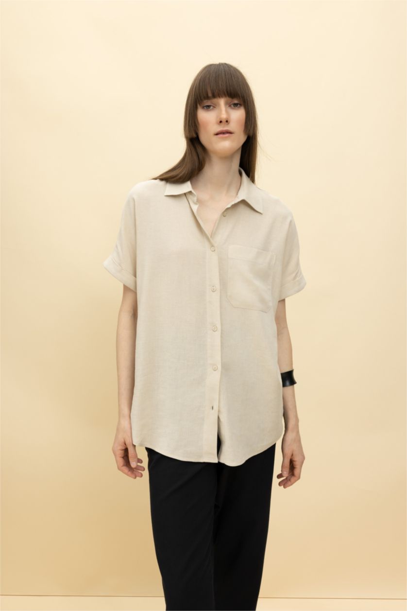 Kadın Kum Regular Fit Keten Karışımlı Kısa Kollu Gömlek