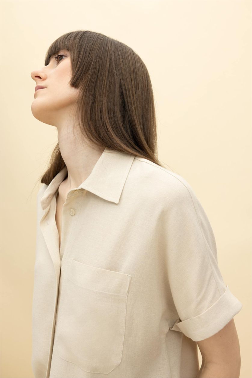 Kadın Kum Regular Fit Keten Karışımlı Kısa Kollu Gömlek
