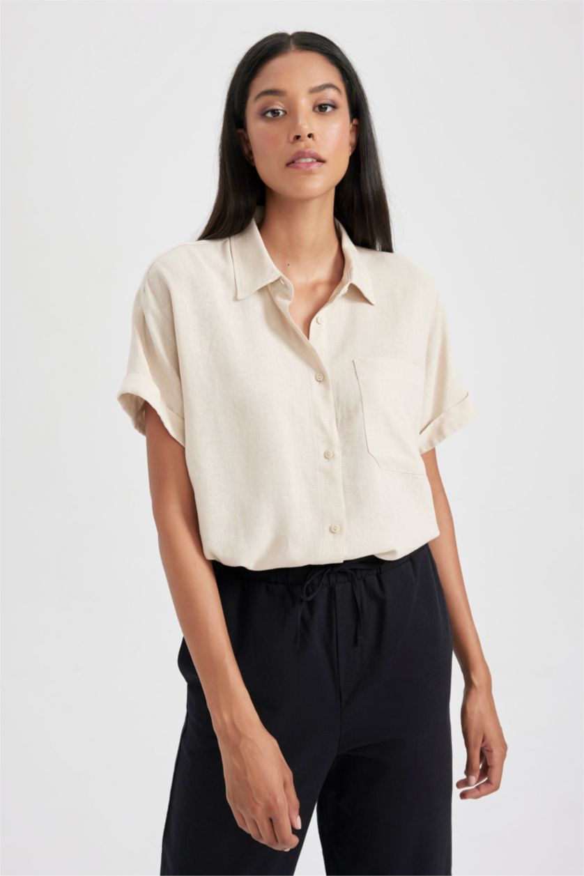 Kadın Kum Regular Fit Keten Karışımlı Kısa Kollu Gömlek
