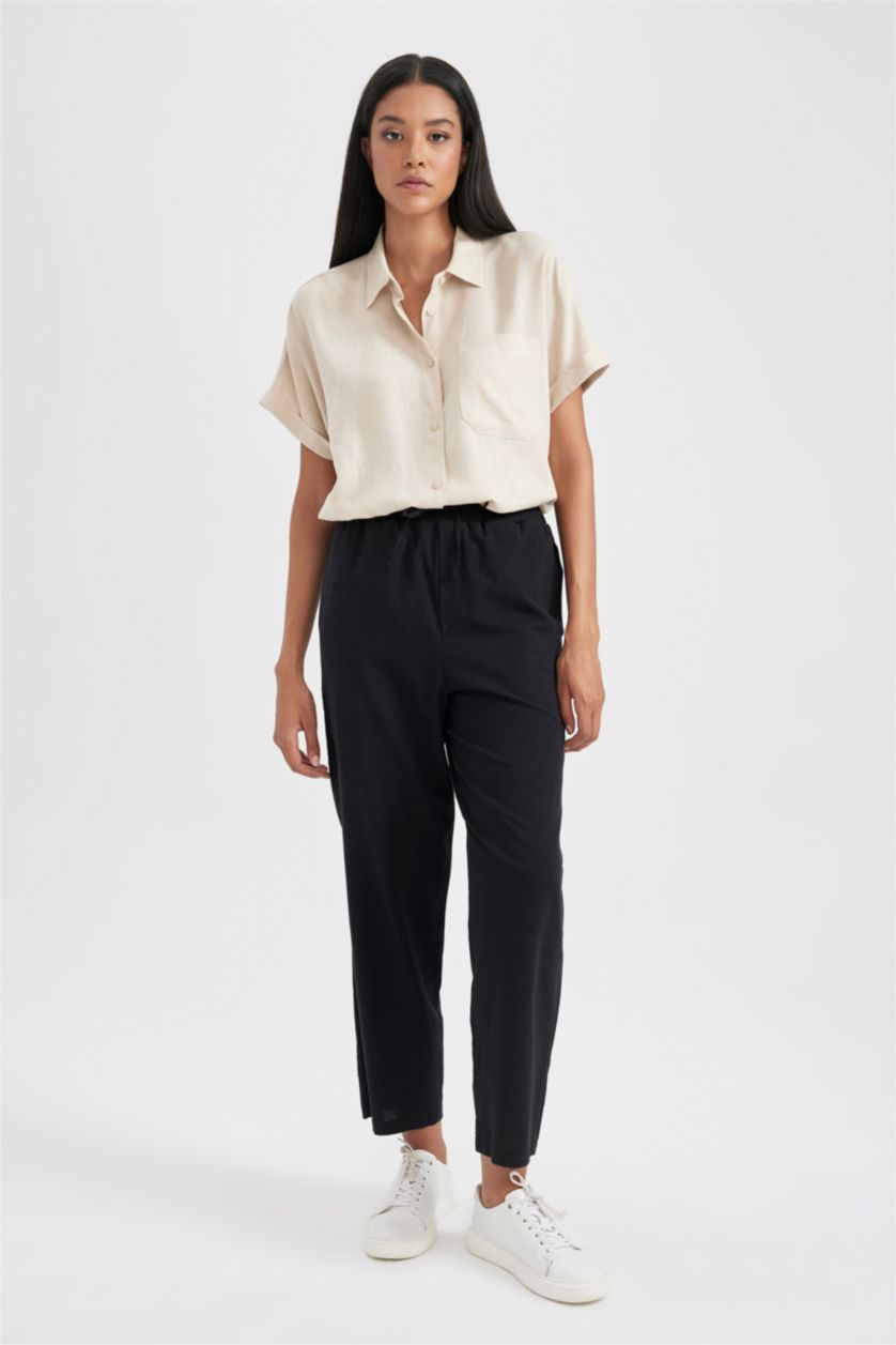 Kadın Kum Regular Fit Keten Karışımlı Kısa Kollu Gömlek