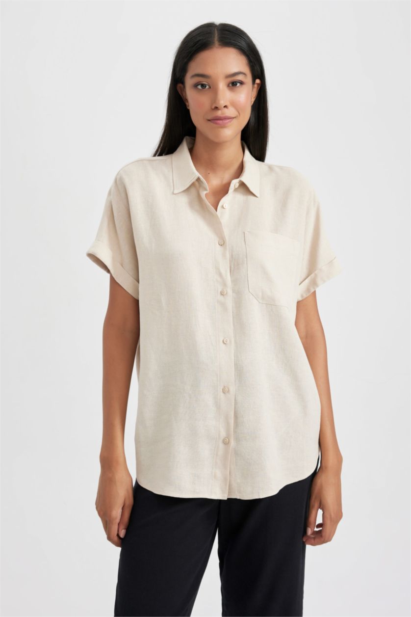 Kadın Kum Regular Fit Keten Karışımlı Kısa Kollu Gömlek