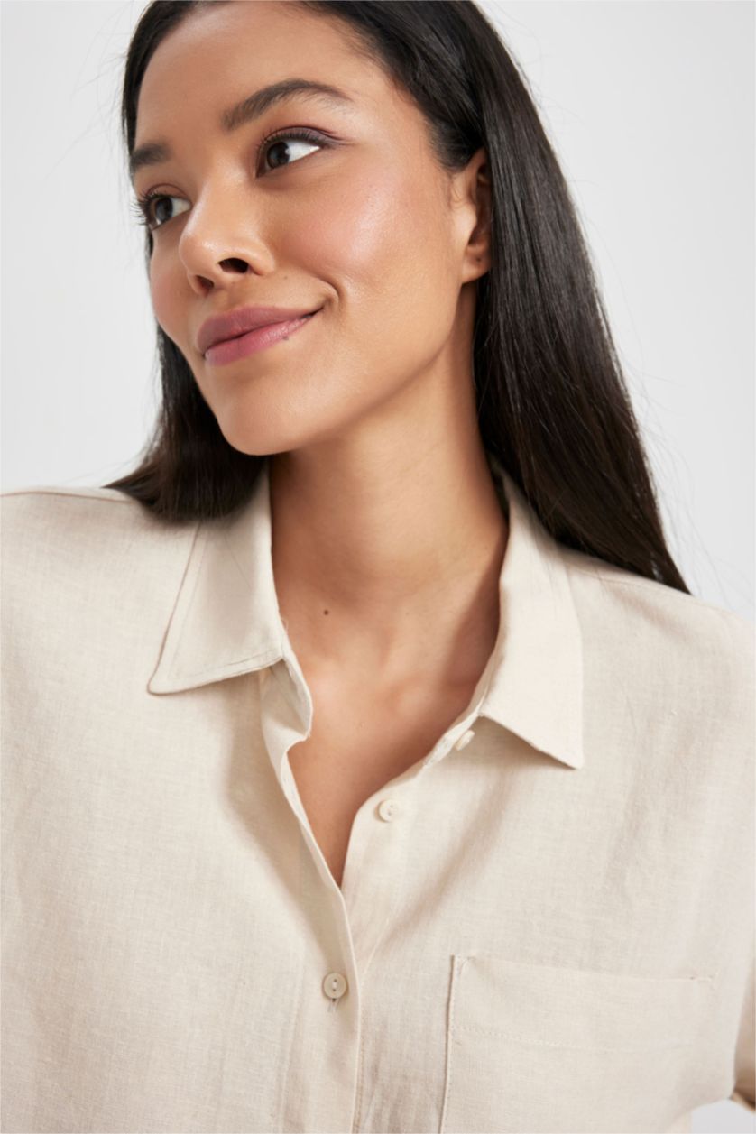 Kadın Kum Regular Fit Keten Karışımlı Kısa Kollu Gömlek