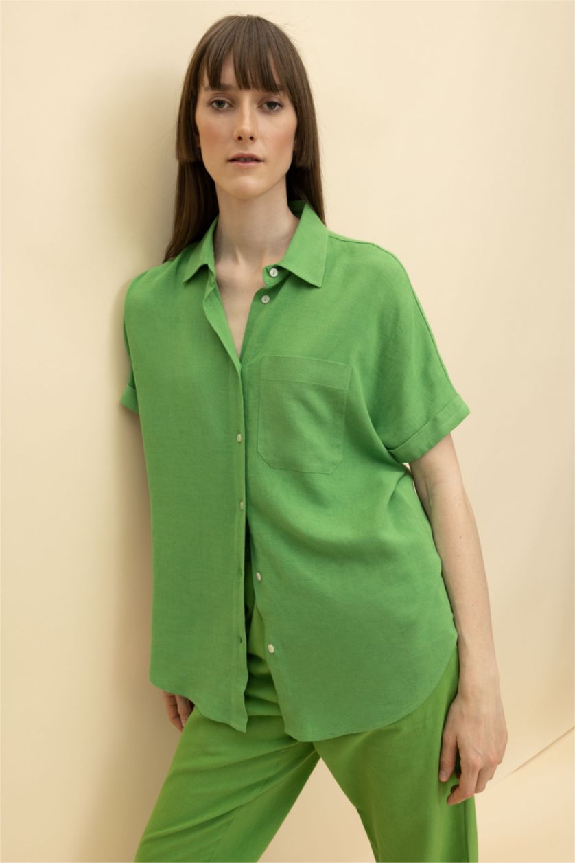 WOMAN Light Green Regular Fit Linen Blended Short Sleeve Shirt