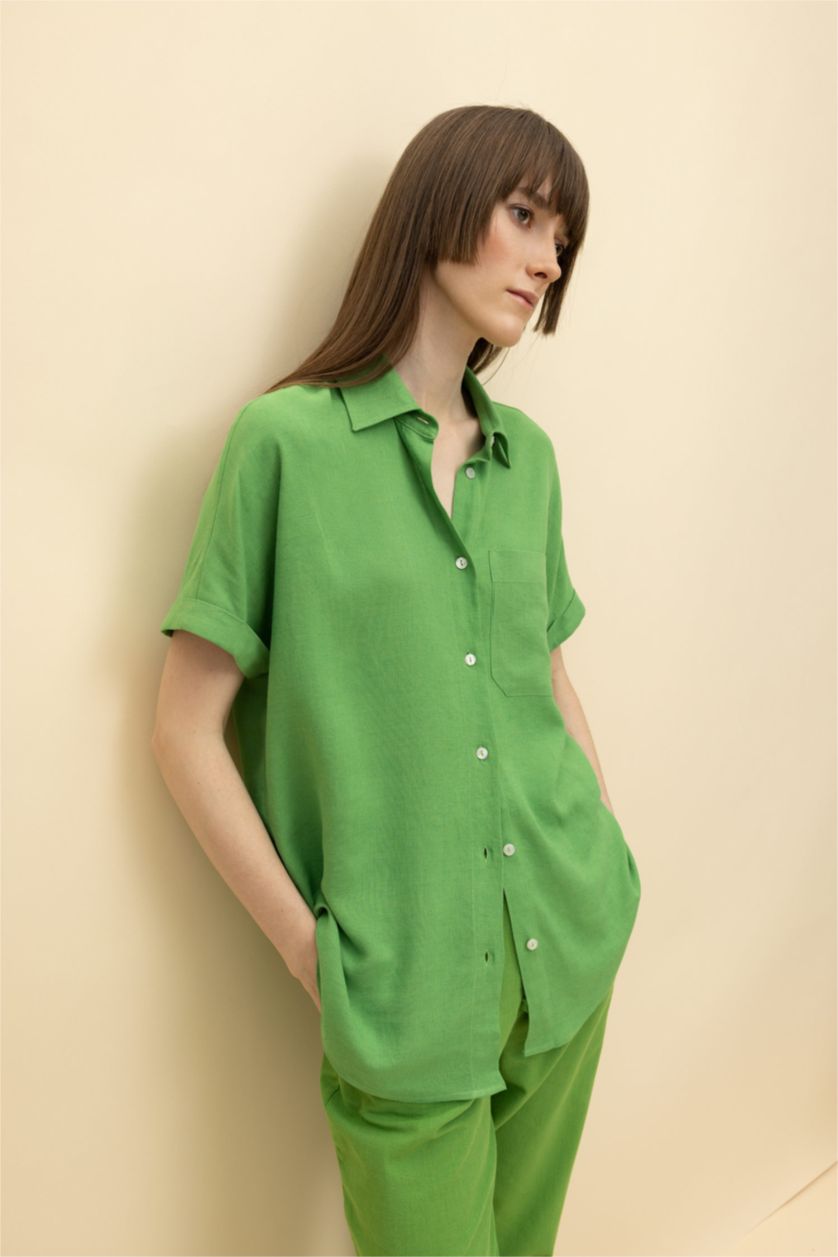 WOMAN Light Green Regular Fit Linen Blended Short Sleeve Shirt