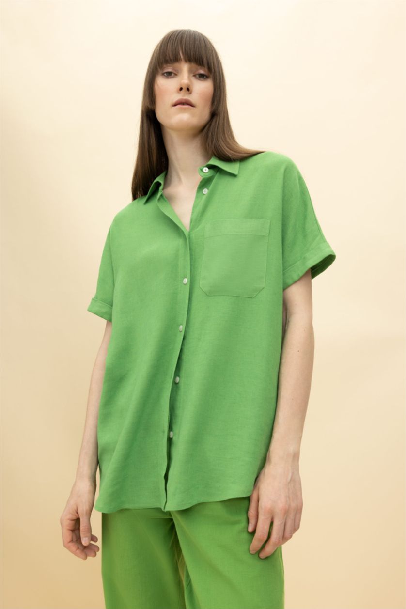 WOMAN Light Green Regular Fit Linen Blended Short Sleeve Shirt