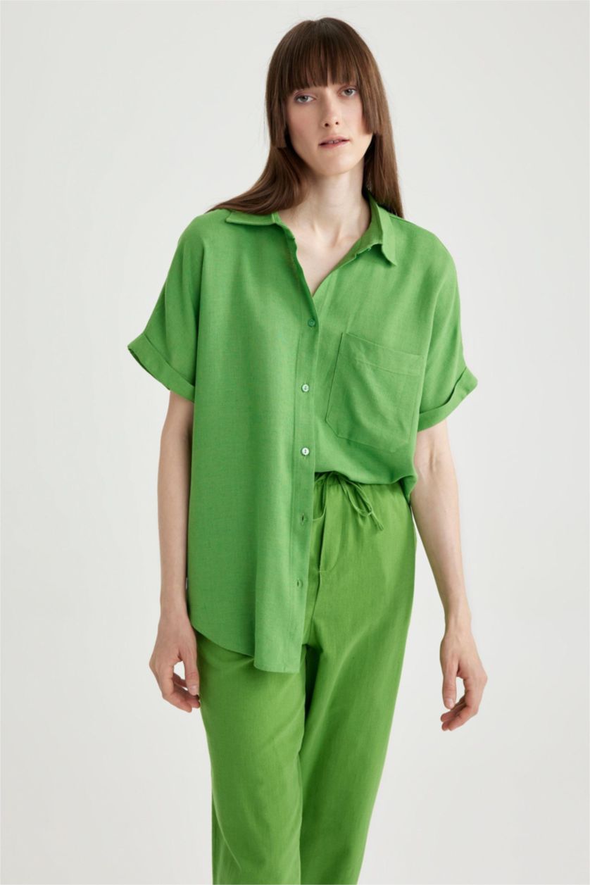 WOMAN Light Green Regular Fit Linen Blended Short Sleeve Shirt