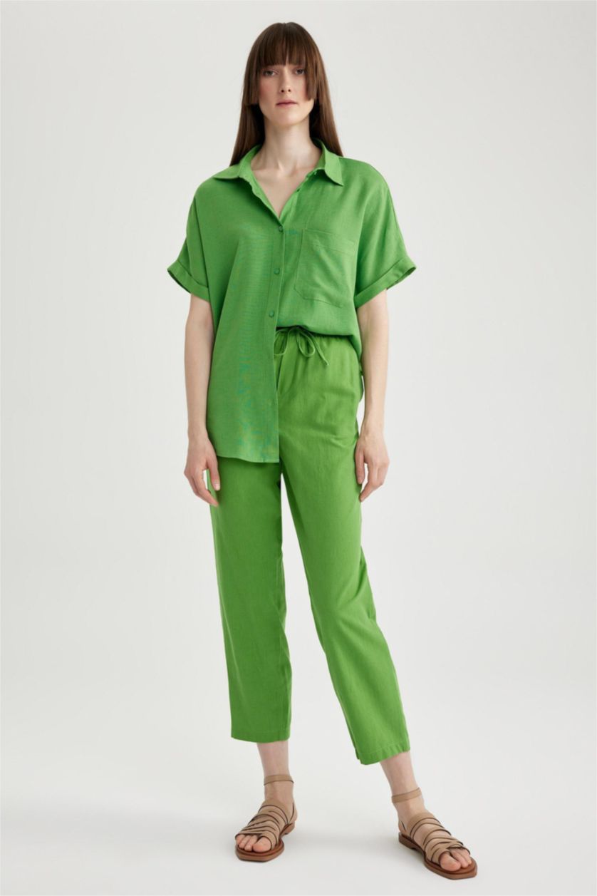 WOMAN Light Green Regular Fit Linen Blended Short Sleeve Shirt