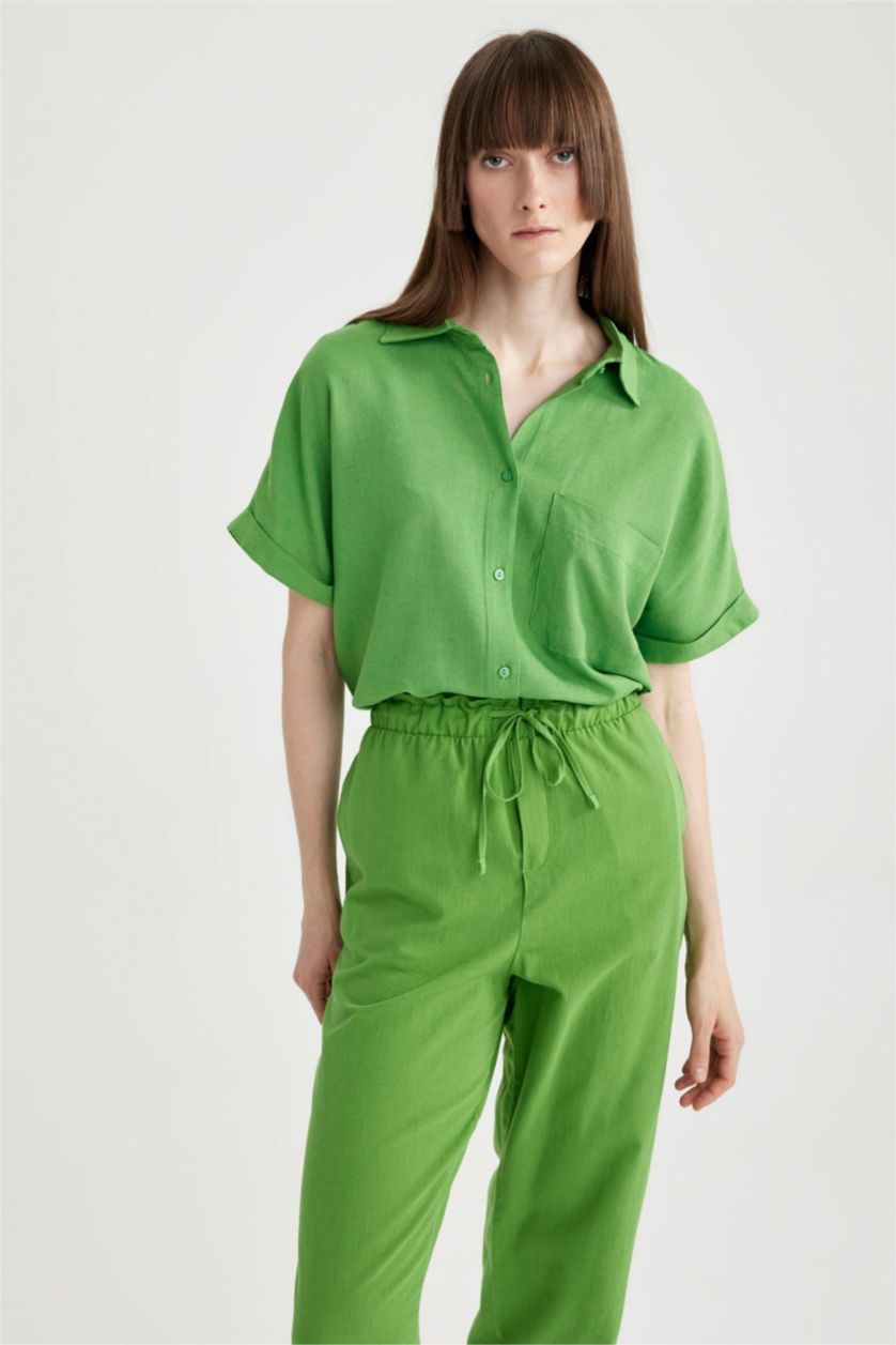 WOMAN Light Green Regular Fit Linen Blended Short Sleeve Shirt