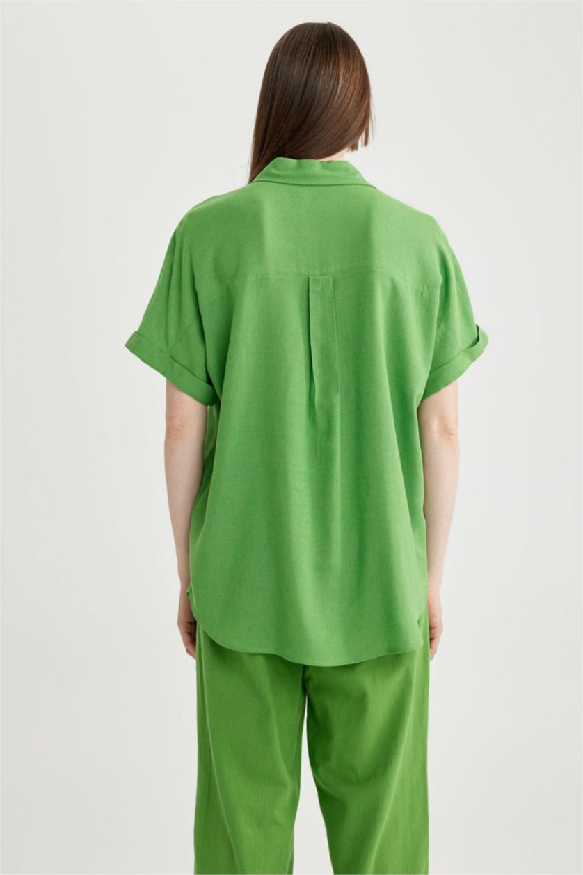 WOMAN Light Green Regular Fit Linen Blended Short Sleeve Shirt