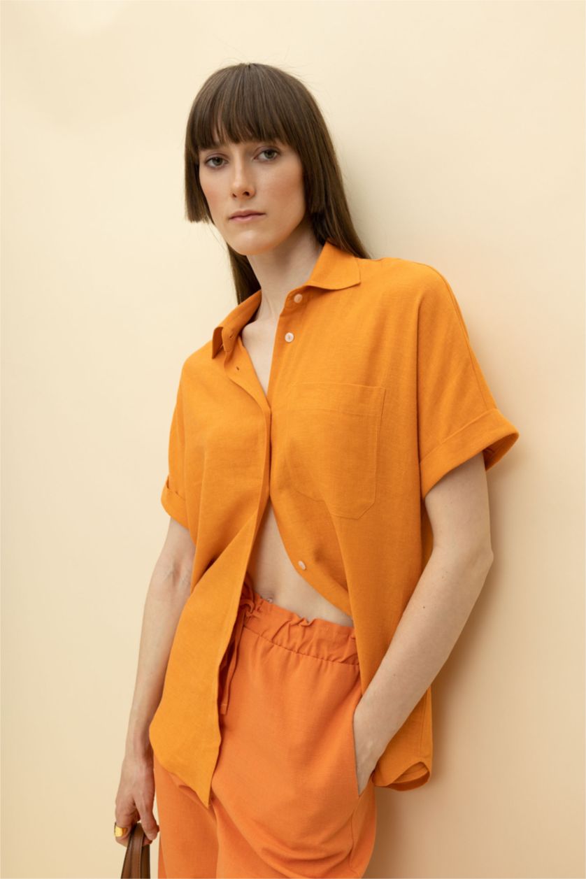 Kadın Turuncu Regular Fit Keten Karışımlı Kısa Kollu Gömlek